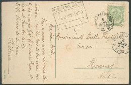 N°83 - 5 Cent. Obl. Sc ambulant NAMUR-MANAGE-BRUXELLES sur C.V. Du 6 Janvier 1909 + Griffe ROMEDENNE-SURICE vers Honnay, - Linear Postmarks