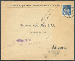 SUISSE 25c. HELVETIA perforé 'N/A.S.' (Nestlé & Anglo-Swiss Milk) Obl. Dc CHAM sur Lettre Du 2.IX.14 Vers Anvers (verso - Armée Belge