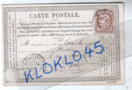 ENTIER POSTAL 1877 - CARTE POSTALE Départ MONTARGIS ( Loiret ) Arrivée PARIS - Timbre 10c Cérès Marron - Généalogie - Cartes Précurseurs
