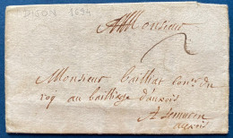 Lettre 1694 De DIJON Pour SEMUR EN AUXOIS , Taxe 2 Sols Très Fraiche & TTB - ....-1700: Precursors