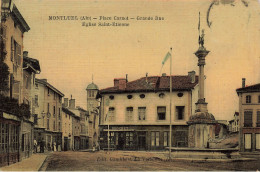 Montluel * Place Carnot , Grande Rue Et église St étienne * Commerce Magasin BROCHET * Villageois * Cpa Toilée Colorisée - Montluel