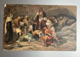 JUDAICA BIBLICAL POSTCARD POSTKARTE RELIGION JOSHUA CAPTURES FIVE KINGS IN THE CAVE AT MASADA BY MINDEN PALESTINE ISRAEL - Palestine