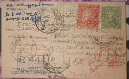 India Cochin State Registered Postal Card Return To Sender Inde - Cochin