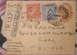 India Cochin State Registered Postal Stationery Envelope Inde - Cochin