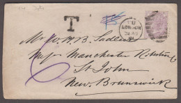 1881 (Aug 31) Enevlope To Canada With 1881 1d Lilac Die I Tied By London Duplex, Underpid With "T" Hs And Ms "6" - Storia Postale