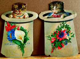 CHROMO Lot De 2 DECOUPIS XIX ° CHATS CHAPEAU , 11 Cm  SCRAPS 2 VICTORIAN DIE CUT. CAT , KITTEN In HAT , KATZE Ca 1880 - Dieren