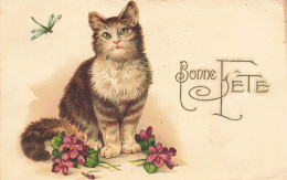 Chat Et Libellule * CPA Illustrateur * Cat Katze * Fleurs - Katzen