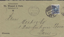 Denmark Brotype Ia KJØBENHAVN 1906 Cover PARIS Distribon. Perfin Perforé Lochung (T12) 'Th.W & V.' Th. Wessel & Vett. - Lettres & Documents