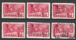 Canada Sc# 411 Used Lot/6 1963 $1.00 Rose Carmine Crane And Map - Gebruikt