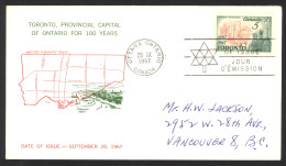 Canada Sc# 475 (cachet) FDC Single (d) 1967 9.28 Toronto Centenary - 1961-1970