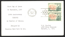 Canada Sc# 475 (no Cachet) FDC Pair (e) 1967 9.28 Toronto Centenary - 1961-1970