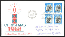 Canada Sc# 488 (cachet) FDC Block/4 (f) 1968 11.1 Christmas - 1961-1970