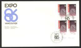 Canada Sc# 1092 FDC Inscription Block 1986 04.28 Expo 86 - 1981-1990