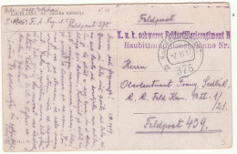 FELDPOST 375 SENT 1917 TO FELDPOST 439 K.U.K.SCHWERES FELDARTILLERIEREGIMENT ISONZO FRONT ON POSTCARD LJUBLJANA SV.JACOB - 1914-18