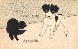 Chat Noir & Chien * CPA Illustrateur * Original Peint à La Main ! * Cat Chats Katze Dog * " SOME LANGUAGE ! " - Gatti