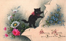 Chat - Cpa Illustrateur Peinte à La Main Toilée - Chat Noir Et Fleurs - Bonne Année - Cat Katze - Chats