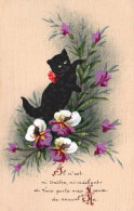 Chat - Cpa Illustrateur Peinte à La Main - Chat Noir Et Fleurs - Nouvel An - Cat Katze - Chats