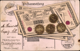 CPA Glückwunsch Neujahr, Postanweisung, Reichsbanknote, Münzen - Monnaies (représentations)