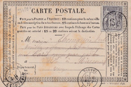 33429# SAGE CARTE PRECURSEUR Obl VITTEL VOSGES 1877 T18 Pour MIRECOURT VOSGES - Cartes Précurseurs