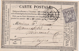 33433# SAGE CARTE PRECURSEUR Obl VEZELISE MEURTHE ET MOSELLE 1877 T18 Pour MIRECOURT VOSGES - Cartes Précurseurs