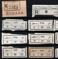 ! 1 Steckkarte Mit 14 R-Zetteln Aus Jemen, Yemen ?, Asmara, Sanaa, Einschreibzettel, Reco Label - Jemen