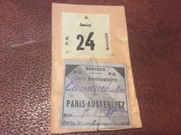 ÉTIQUETTE Bagages  JUVISY > PARIS-AUSTERLITZ  Chemin De Fer  AOÛT 1931 - Chemin De Fer