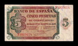 España Spain 5 Pesetas Burgos 1938 Pick 110 Serie F Mbc+/Ebc Vf+/Xf - 5 Pesetas