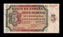 España Spain 5 Pesetas Burgos 1938 Pick 110 Serie B Mbc+/Ebc Vf+/Xf - 5 Peseten