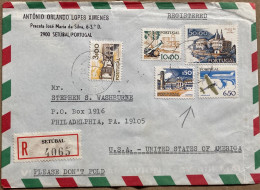 PORTUGAL 1980, REGISTER COVER, USED TO USA, SETUBAL CITY, 5 DIFF STAMP, SAN AXE, SINATRA VILLA BUILDING, HERITAGE, AEROP - Storia Postale