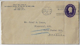 USA 1952 German Society Of The City Of New York Postal Stationery Cover From Madison Squares Station To Blumenau Brazil - 1941-60