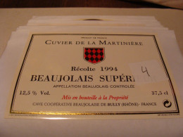 Etiquette De Vin Jamais Collée Wine Label  Weinetikett   1 Etiquettes Beaujolais Superieur Cuvier De La Martiniere - Beaujolais