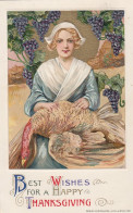 Schmucker Happy Thanksgiving, Woman With Turkey, C1910s Vintage Embossed Postcard - Thanksgiving