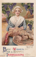 Schmucker Happy Thanksgiving, Woman With Turkey, C1910s Vintage Embossed Postcard - Thanksgiving