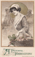 Schmucker Peaceful Thanksgiving, Woman Carries Basket, C1910s Vintage Embossed Postcard - Thanksgiving