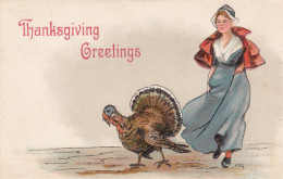 H.B. Griggs Artist  Signed Thanksgiving Greetings, Woman With Turkey, C1900s Vintage Embossed Postcard - Thanksgiving