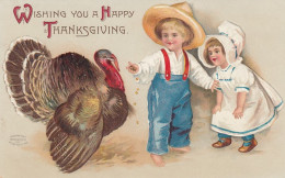 Clapsaddle(?) Artist Thanksgiving Greetings, Boy And Girl With Turkey, C1900s Vintage Embossed Postcard - Giorno Del Ringraziamento