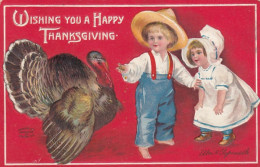 Clapsaddle Artist Signed Thanksgiving Greetings, Boy And Girl With Turkey, C1900s Vintage Embossed Postcard - Giorno Del Ringraziamento