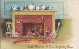 Clapsaddle Artist Signed Thanksgiving Greetings, Fireplace Hearth Scene, C1900s Vintage Embossed Postcard - Thanksgiving