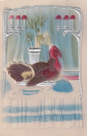 Thanksgiving Greetings, Turkey On Fancy Table Setting, C1910s Vintage Embossed Air-brushed Postcard - Giorno Del Ringraziamento
