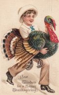 Thanksgiving Greetings, Boy Carries Turkey, C1910s Vintage Embossed Postcard - Giorno Del Ringraziamento