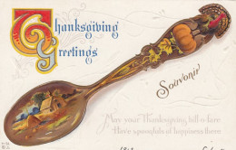 Thanksgiving Greetings, Large Decorated Spoon 'Souvenir', C1900s Vintage Embossed Postcard - Thanksgiving