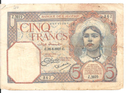 ALGERIE 5 FRANCS 1927 VG++ P 77 A - Algérie