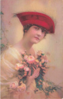 Illustrateur - Femme Au Chapeau Rouge Avec Des Fleurs Dans Les Mains - Carte Postale Ancienne - Non Classés