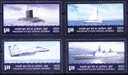 India 2011 MNH 4v, President's Fleet Review, Fighter Plane, Naval Ships, Submarine - U-Boote