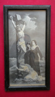 Le Christ En Croix & Femmes éplorées En Soie Tissée Christ On The Cross In Woven Silk Cadre 22.7x41.8cm - Art Religieux