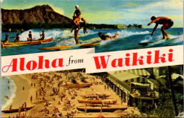Hawaii Honolulu Aloha From Hawaii Split View Waikiki Beach And Surfers - Honolulu