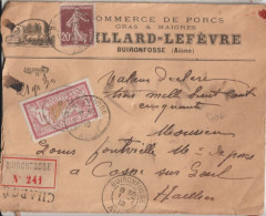 1912 - ENVELOPPE CHARGEE PUB ILLUSTREE (COMMERCE DE PORCS)de BUIRONFOSSE (AISNE) ! MERSON / SEMEUSE - Covers & Documents