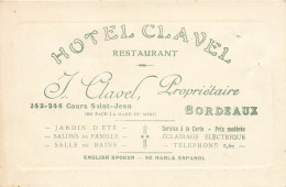 Bordeaux * Hôtel CLAVEL Restaurant 242/244 Coyrs St Jean * Carte De Visite Ancienne - Bordeaux