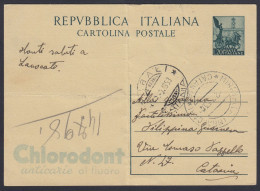 Intero Postale 1953 Da Mirabella Imbaccari Per Catania, Cartolina Pubblicitaria Chlorodont Anticarie Al Fluoro - Pubblicitari