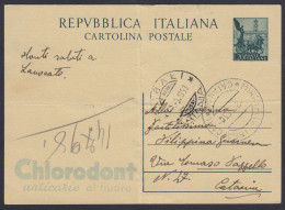 Intero Postale 1953 Da Mirabella Imbaccari Per Catania, Cartolina Pubblicitaria Chlorodont Anticarie Al Fluoro - Reclame